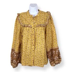 JOIE Puff Long Sleeve Floral Cotton Peasant Ruffle Yoke Blouse size L